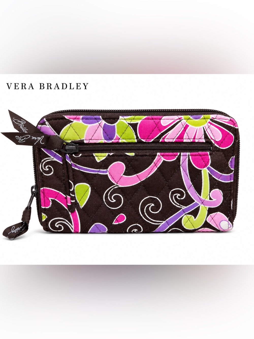 Vera Bradley Black Quilted Floral Zip Wallet with Pink, Purple & Green Accents